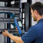 Technician using a TREND Networks LanTEK IV-S cable certifier to test network cabling in a server rack.